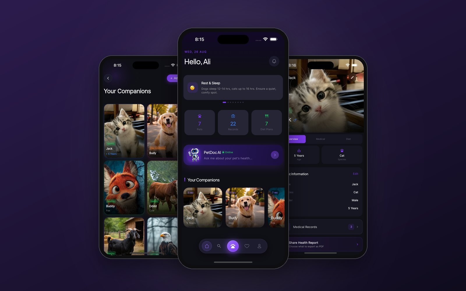 Pet Profile app screens